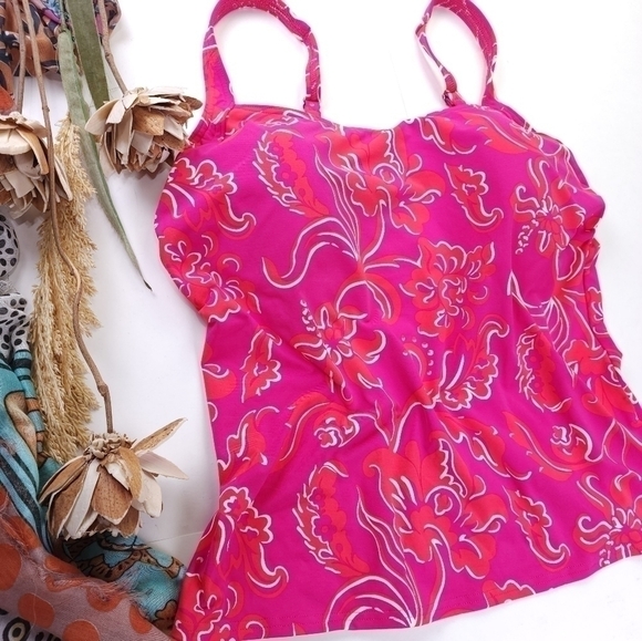 New Lands End Pink Red Swim Tank Top Sz 12 - Picture 4 of 9